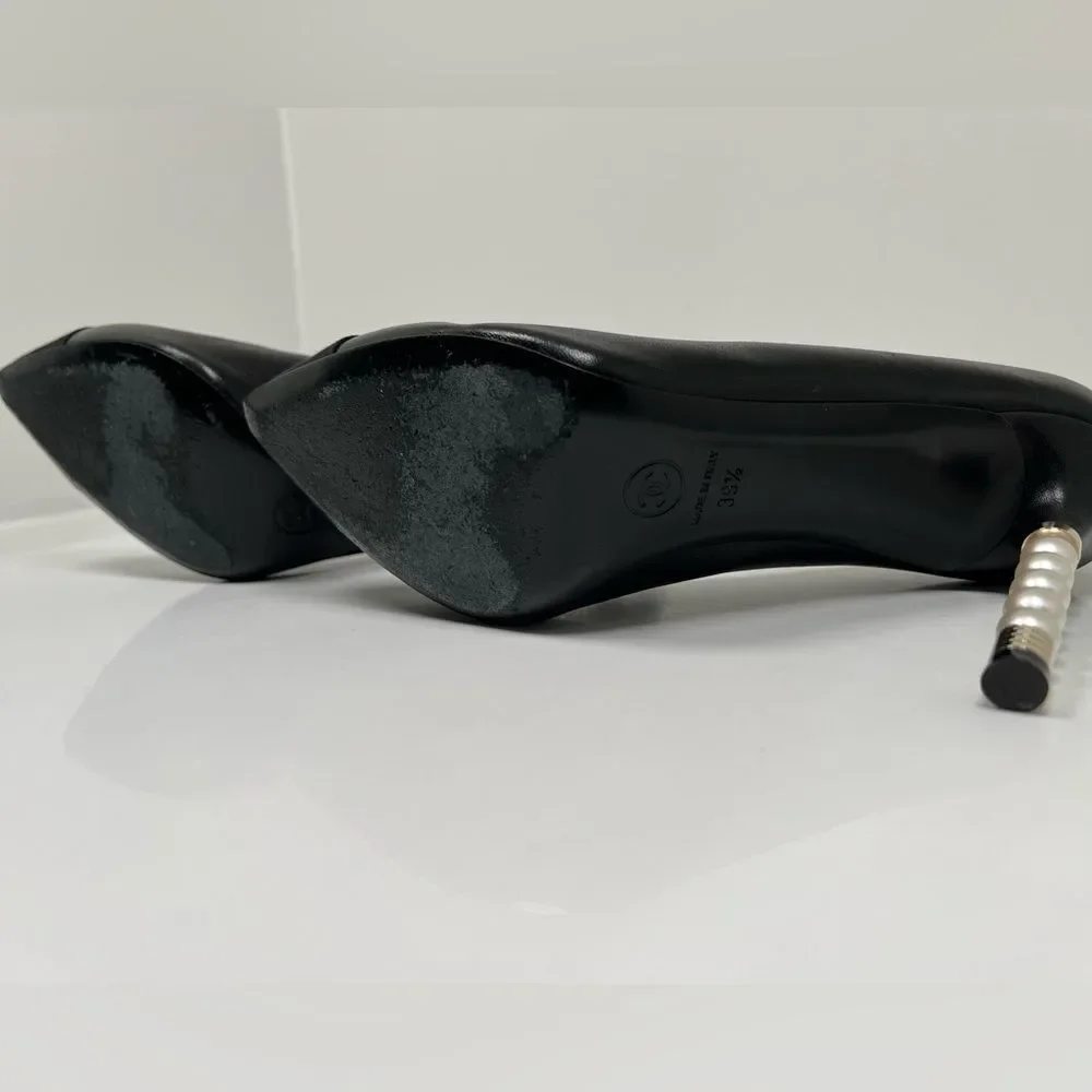 CHANEL Lambskin Grosgrain Cap Toe Pearl Pumps 39.5 Black